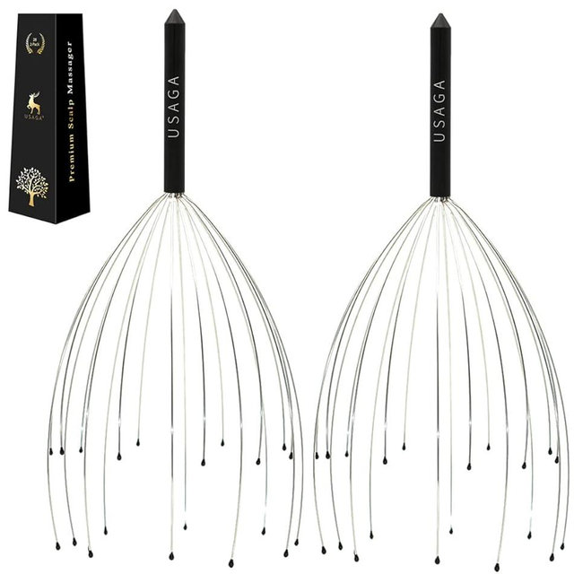 USAGA Head Massager Scalp Massager 20 Fingers Head Scratcher for Head Body Relaxing (Black & Black)