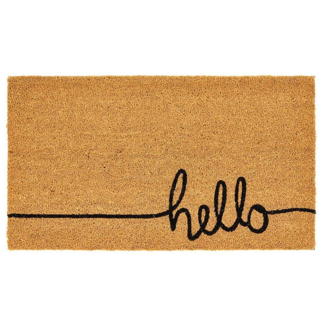mDesign Rectangular Coir and Rubber Entryway Welcome Doormat with Natural Fibers for Indoor or Outdoor Use - Decorative Script Hello Design - Black/Natural