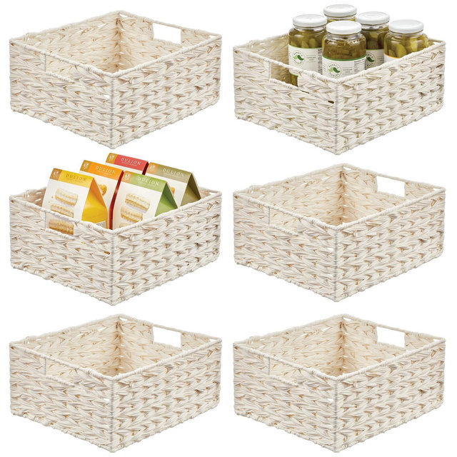 mDesign Woven Farmhouse Kitchen Pantry Food Storage Basket Box, 6 Pack, White
