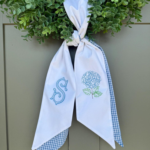 Blue hydrangea monogram Wreath Sash, Wreath Sash For Front Door, Embroidered Front Door Bow, Initial Door Sash, Spring Decor, Mothers Day