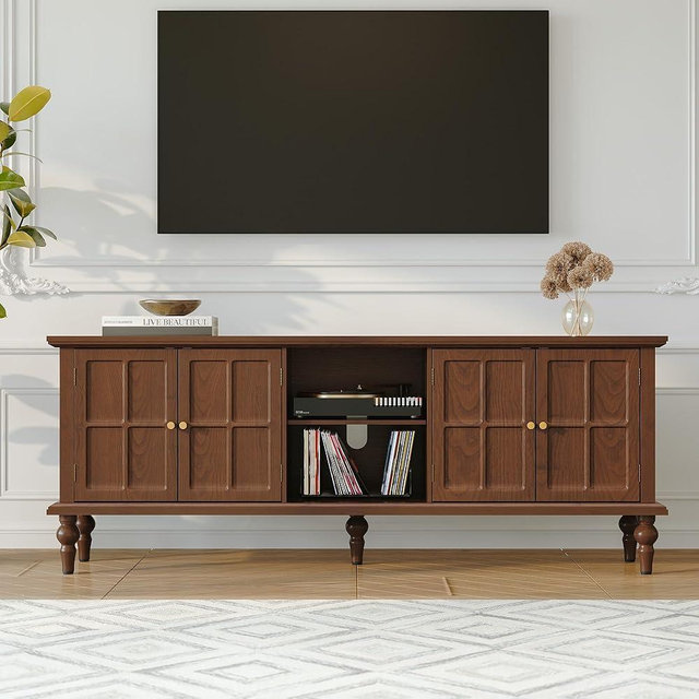 3More 67" Mid Century Modern TV Stand with Window Design,Wood Entertainment Center with Open Shelf,Up to 70" Media TV for Living Room or Bedroom,Walnut