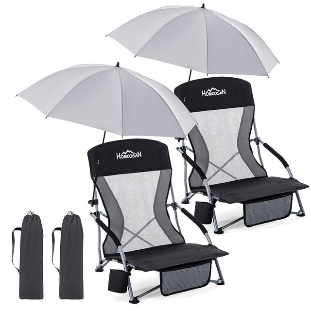 Homcosan Portable Low Folding Beach Chairs Set of 2 with Detachable Umbrellas - Lightweight Camping Chairs for Adults with Cup Holder & Storage Pockets, Carry Bag Included (Black & Gray)