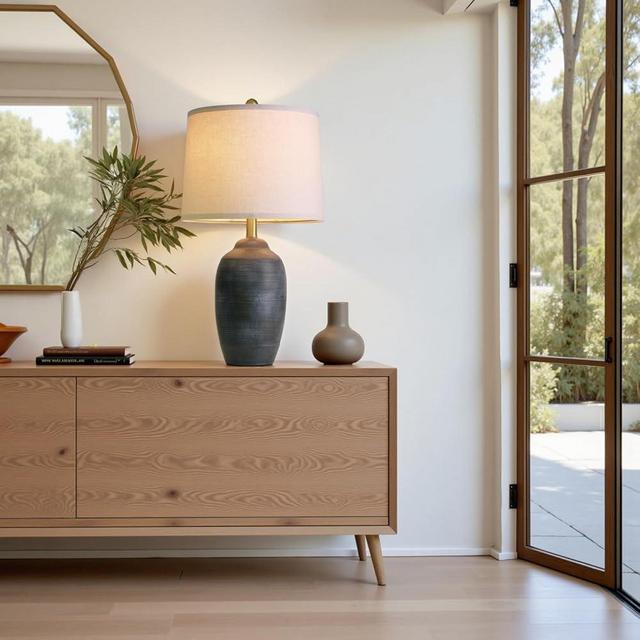 USumkky 24.5" Vintage Ceramic Table Lamp - Single Farmhouse Rustic Bedside Lamp with Natural Textured Finish, Nightstand Lamps for Living Room, Bedroom, End Table, Office Retro Black