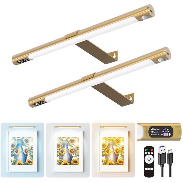 COLIJOY Picture Lights for Wall, Wireless 2 Pack 14" Rechargeable with Remote, 3 Color Dimmable Art Lighting for Paintings, Gallery, Canvas & Portraits, Display Lamp Gold