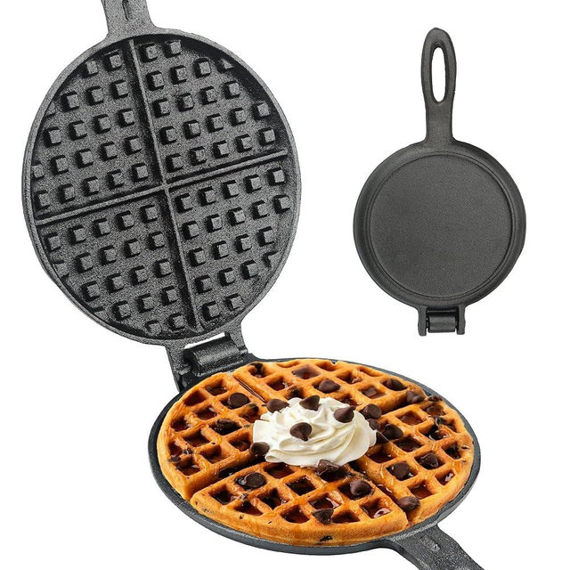 Cast Iron Waffle Maker for Stovetop or Camping Grill Two Piece Hinged Non Electric Waffle Iron Makes 7" Round Waffles