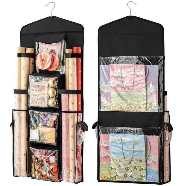Kahami Wrapping Paper Organizer,Hanging Gift Wrap Storage Containers, Double-Sided Christmas Wrapping Paper Storage For Bedroom Closet, Behind The Door Storage, Gift for Mom(Black)
