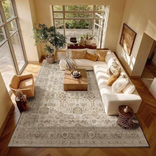 Hedwior Washable 8x10 Area Rugs for Living Room, Boho Non-Slip Vintage Distress Large Rugs for Bedroom Dining Room Nursery Office, 0.3" Neutral Oriental Throw Thin Carpet, Flaxen/Multi, B2