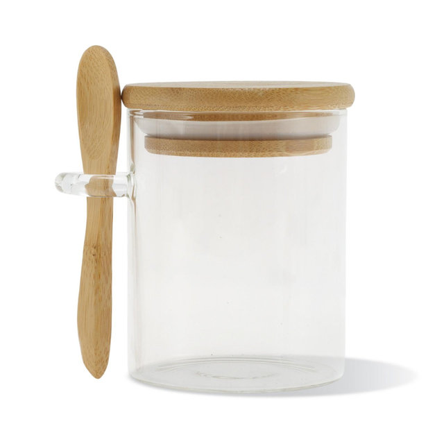 Unique Bargains with Bamboo Lid & Spoon Decorative Jars Wood Color Clear 1 Set 200ml / 7.05oz