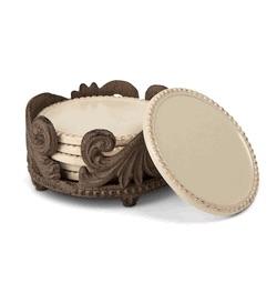 GG COLLECTION Acanthus Set of 6 Cream Ceramic Coasters & Metal Holder