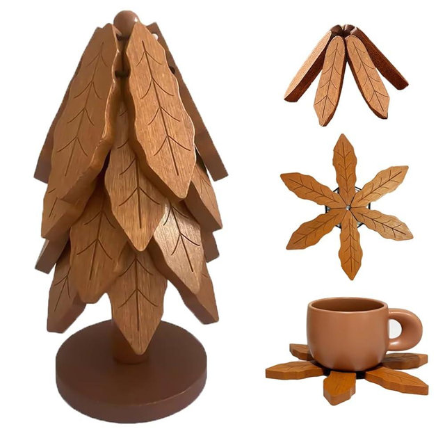 UBABER Premium Wooden Trivets, Kitchen Tree Trivet for Pans & Plates & Cups, Dining-Table Pine Tree Decoration, Eco-Friendly & Easy Clean & Space-Saving (4 Leaf Foldable)