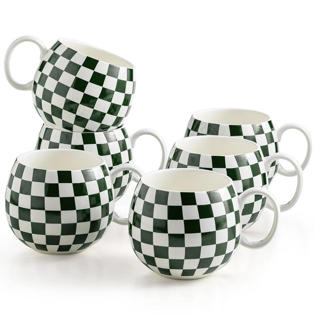 LAUCHUH 18oz Coffee Mugs, Large Coffee Cups Porcelain Checkered Cappuccino Cups with Handle Mug Set of 6 for Tea Cocoa Milk, Green and White