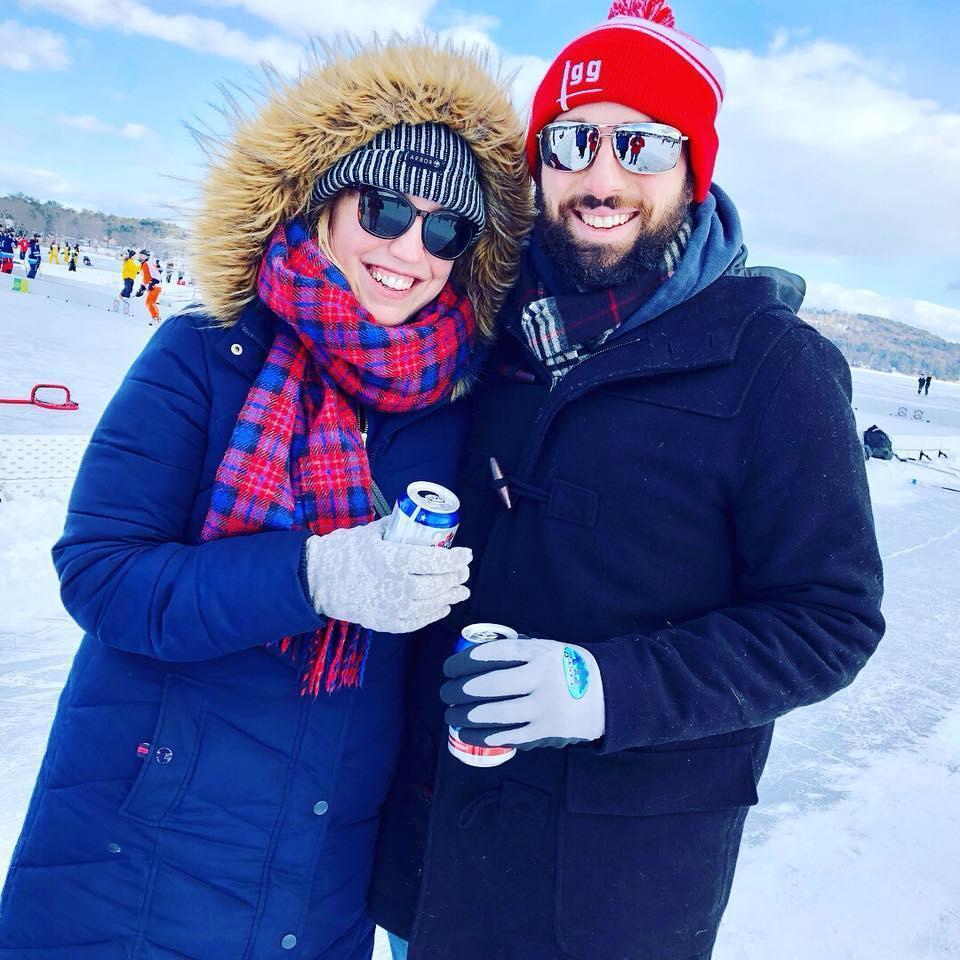 Trying not to freeze at an ice hockey tournament on Lake Winnipesaukee.