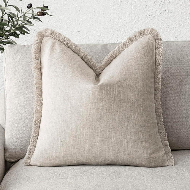 Foindtower Decorative Linen Fringe Throw Pillow Covers Cozy Boho Farmhouse Cushion Cover with Tassels Soft Accent Pillowcase for Chair Sofa Bed Living Room Home Decor, 22×22 Inch, 1PC, Natural Beige
