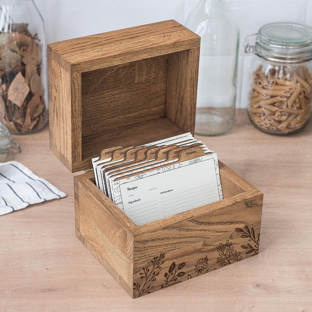 Personalized Wooden Recipe Card Box with Dividers for Handwritten Recipes, Gift For Family