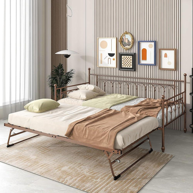 FULLJOJOR Twin Day Bed with Trundle Bed Twin, Metal Daybed with Trundle Twin Size, Space Saving Daybed with Pop Up Trundle Bed Frame for Adults, Vintage Guest Room Bed for Home Office