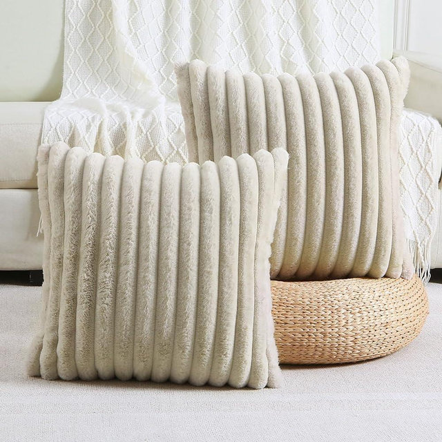 FUTEI Beige Striped Decorative Throw Pillow Covers 18x18 Inch Set of 2,Square Winter Decorations Couch Pillow Case,Soft Cozy Faux Rabbit Fur & Velvet Back,Modern Home Decor for Bed