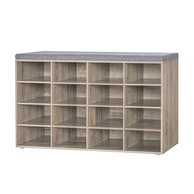 DINZI LVJ Shoe Storage Bench with Cushion, 16-Cubby Shoe Rack, Adjustable Shelves, Multifunctional Shoe Organizer Bench for Entryway, Mudroom, Hallway, Living Room, Bedroom and Garage, Greige
