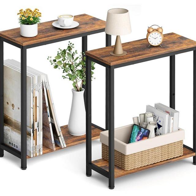 SLEEPING LAMB Narrow End Tables Living Room Set of 2 Small Side Table for Small Space, 2 Tier Slim Skinny Night Stand for Bedroom, Couch Beside Nightstands, Rustic Brown and Classic Black