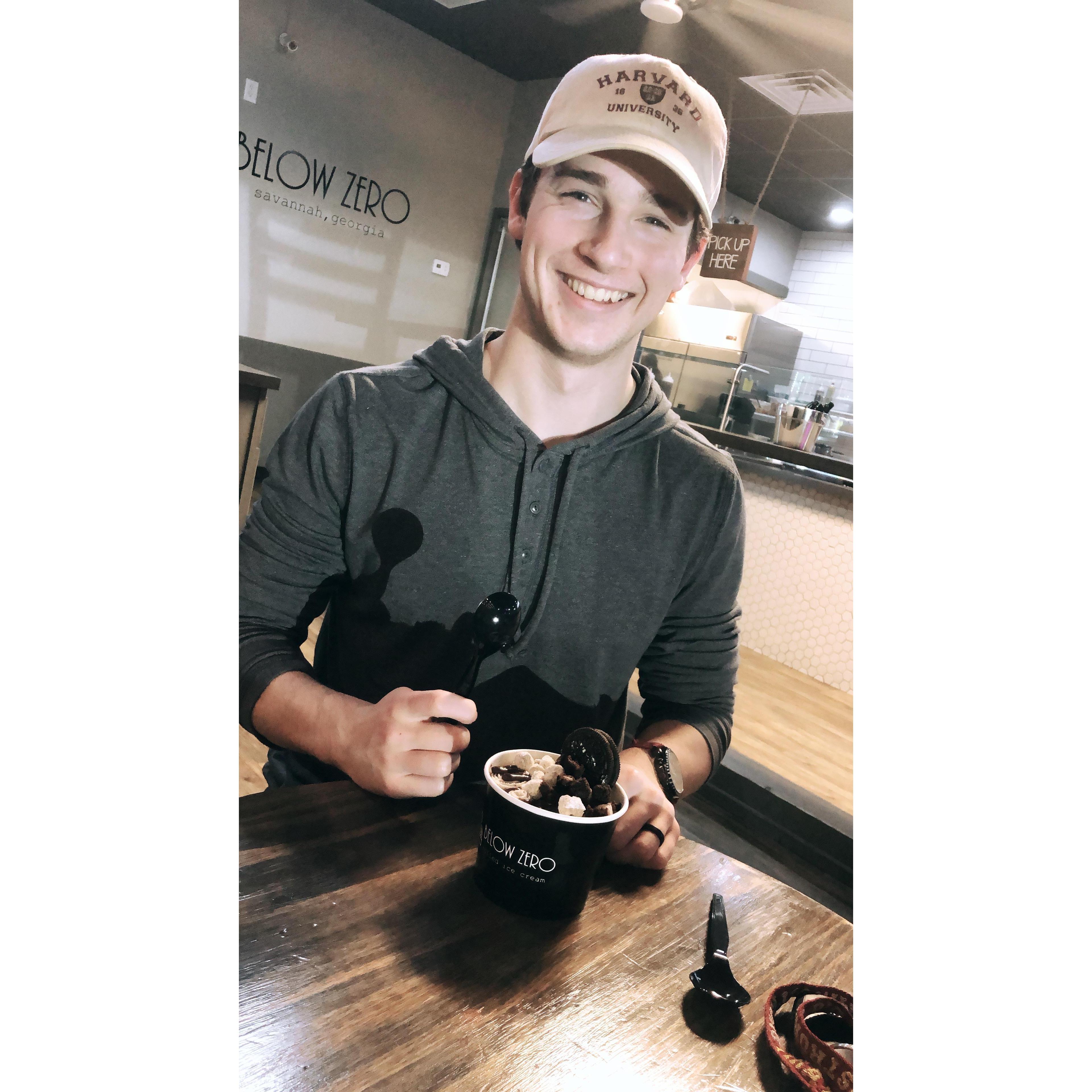 His first rolled ice cream experience!