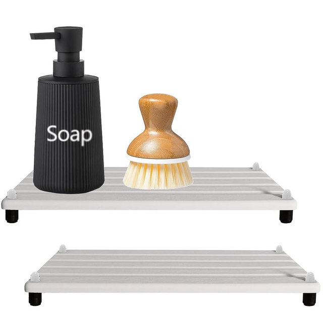 2 PCS Water Absorbing Stone Trays for Bathroom Counter, Fast-Drying Faucet Mat for Kitchen Sink, Diatomite Sink Caddy, Hand Soap Holder with Anti-Skid Feet (11" x 4.7" White)