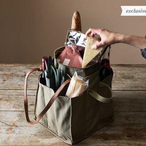 CapaBunga Canvas Market Tote, Multi-Pocket, Caper Green with Insulated Insert