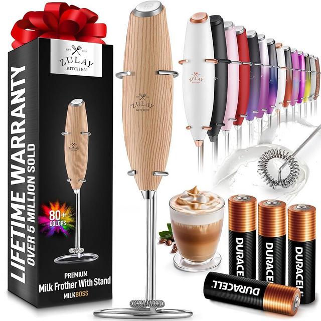 Zulay Powerful Milk Frother (4 Duracell Batteries Included) - Handheld Milk Frother Wand Drink Mixer for Coffee - Powerful Milk Foamer for Cappuccino, Frappe, Matcha & Coffee Creamer - Maple
