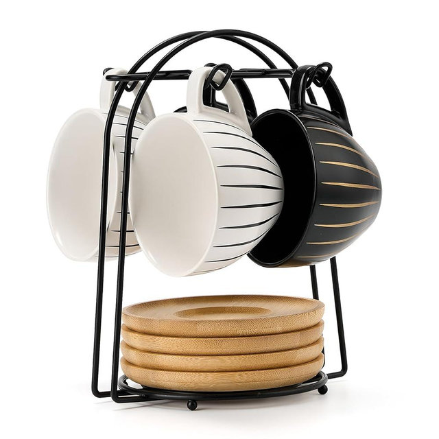 LUKA Ceramic Demitasse Espresso Cups Set with Saucers and Metal Stand, 8 oz Porcelain Cappuccino Cups Teacup For Tea, Espresso, Latte, Coffee, Cafe Mocha, Set of 4, Stripe White & Black