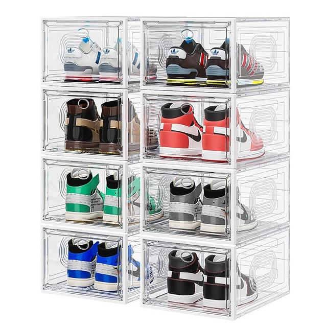 8 Pack Thicken & Clear Shoe Boxes Organizer with Magnetic Door, Stackable Storage Boxes for Shoes, Boot, Sneaker - Harder Plastic Shoe Storage Stackable Shoe Boxes for Closet Shoes Wall, White