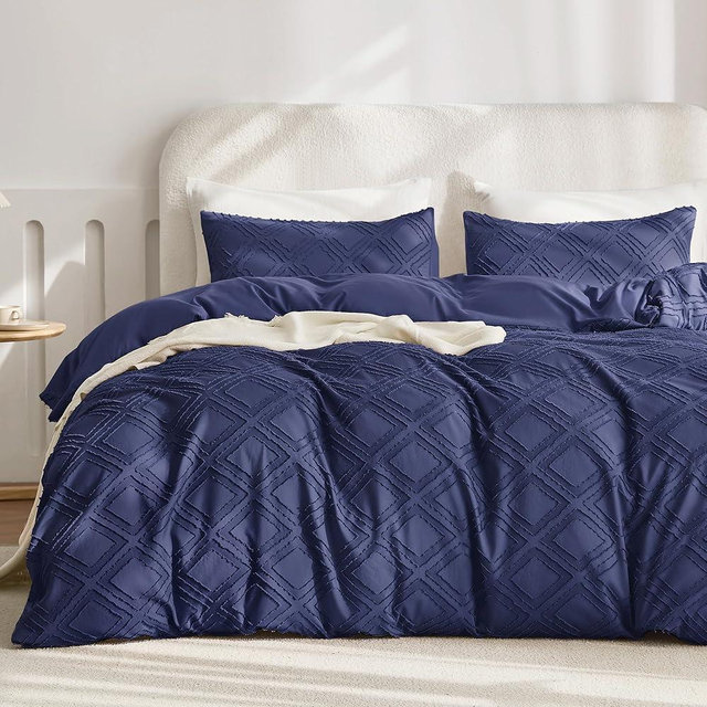 JELLYMONI Duvet Cover Queen Size Navy Blue 3PCS Boho Duvet Cover Set Plaid Microfiber Tufted Bohemian Jacquard Knit Textured Comforter Cover Rhombic Geometric Pattern with Corner Ties & Zipper