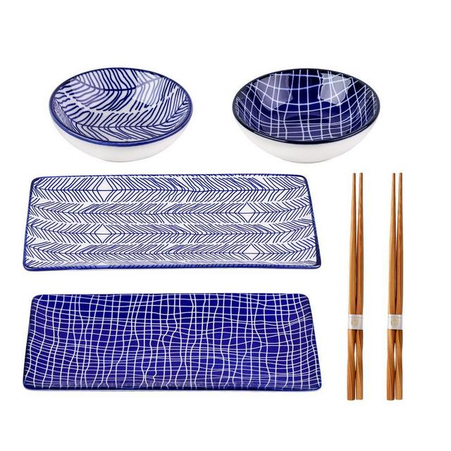 4-Piece Blue Pattern Porcelain Rectangle Plates Dipping Saucer and Chopsticks Dinnerware Set (Service for 4)