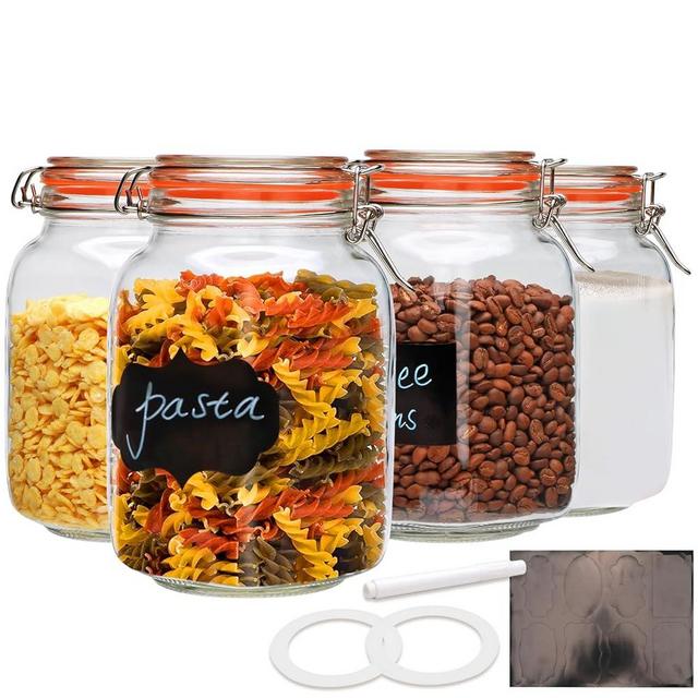 Encheng 50oz Glass Jars with Clamp Lids,Set of 4,1500ml Square Wide Mouth Mason Jars with Airtight Lids,Large Glass Storage Container with Clip Lids for Kitchen,Flour,Pasta,Beans