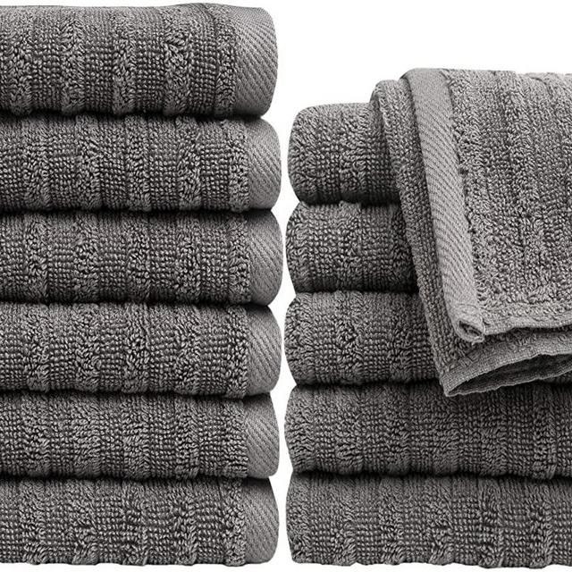 Pleasant Home Washcloths Set - 12 Pack (12” x 12”) – 488 GSM- 100% Ring Spun Cotton Wash Cloth - Super Soft and Highly Absorbent Face Towels (Grey, Striped Design)