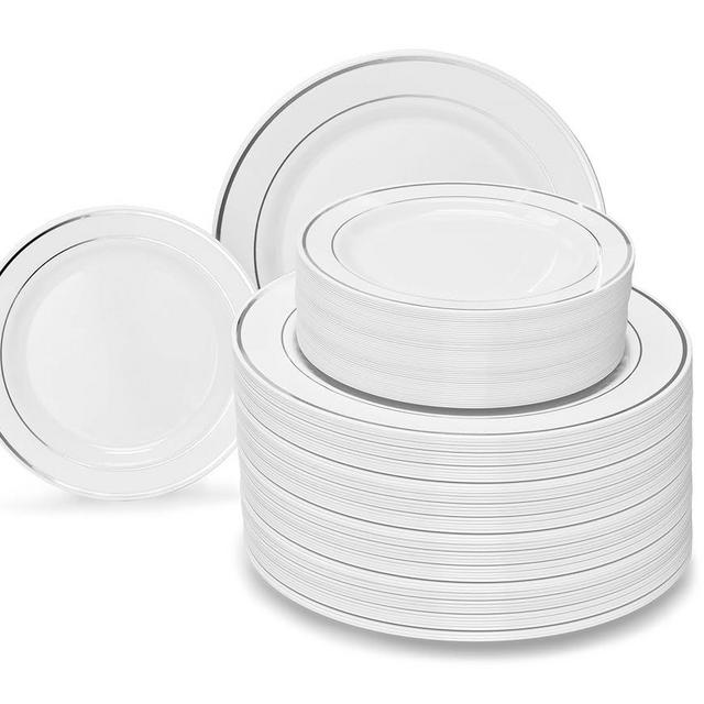 OCCASIONS 240 Plates Pack,(120 Guests) Heavyweight Premium Wedding Party Disposable Plastic Plates Set -120 x 10.5'' Dinner + 120 x 7.5'' Salad/Dessert (White & Silver Rim)