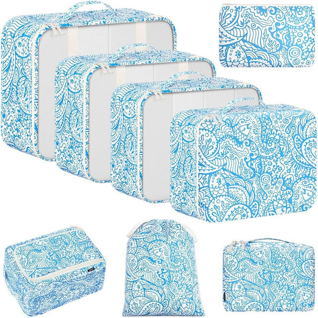 BAGAIL 8 Set Packing Cubes Luggage Packing Organizers for Travel Accessories-Blue paisley