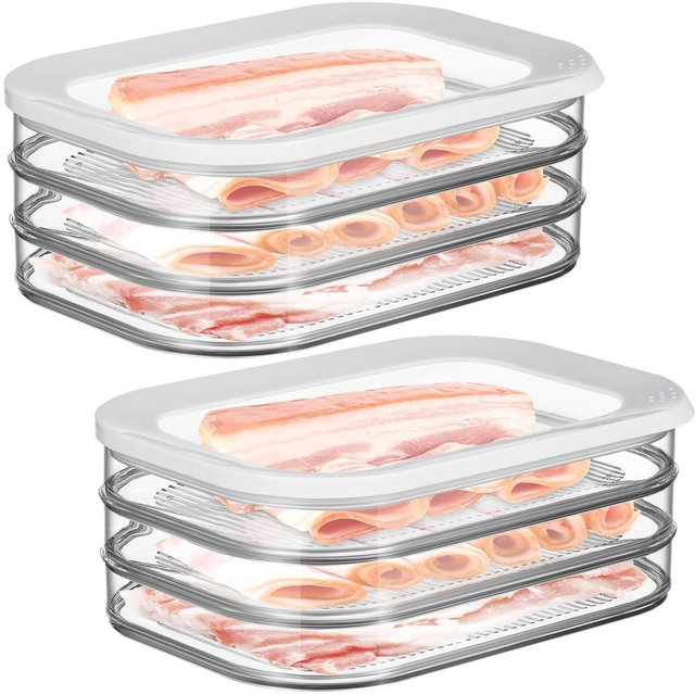 Tioncy 2 Pcs Deli Meat Container for Fridge Bacon Container for Refrigerator Stackable Food Storage Boxes with Lid Cheese Keeper Box for Fridge Airtight Deli Holder Organizer for Turkey Pantry Lunch
