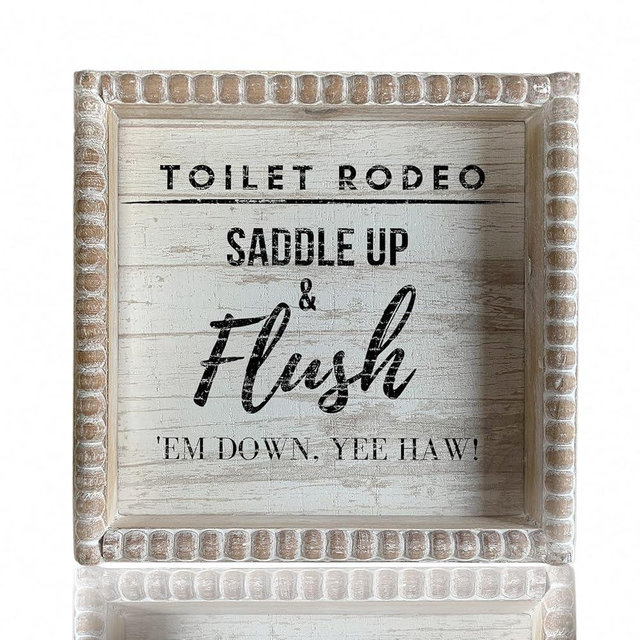 Boho Farmhouse Wooden Framed Bathroom Decor Signs, Funny Restroom Decorative Plaque Small Cute, Toilet Rules Shelf Decoration (Toilet Rodeo)