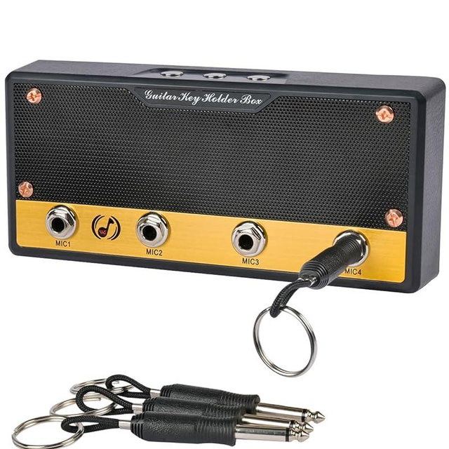 Lesdexzz Guitar Key Holder Box, Home Keys Hooks for Guitar-Enthusiasts, Musicians Decor & Organization with 4 Keychains and 1 Wall Mounting Kit (Metal Texture Black)