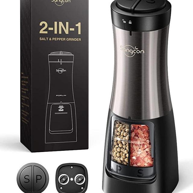 Sangcon 2 in 1 Electric Salt and Pepper Grinder Set, Battery Powered Salt and Pepper Mill, Automatic One-Handed Operation Refillable Grinder with Light, Adjustable Ceramic Grinders, Metallic Gunmetal