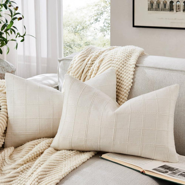 ZeeMart Linen Checked Lumbar Throw Pillow Covers Set of 2, 12x20 Inch Ivory/Cream, Farmhouse Decorative Single Sided Grid Embroidered Couch Pillow Cases Off White Cotton Linen Cushion Covers