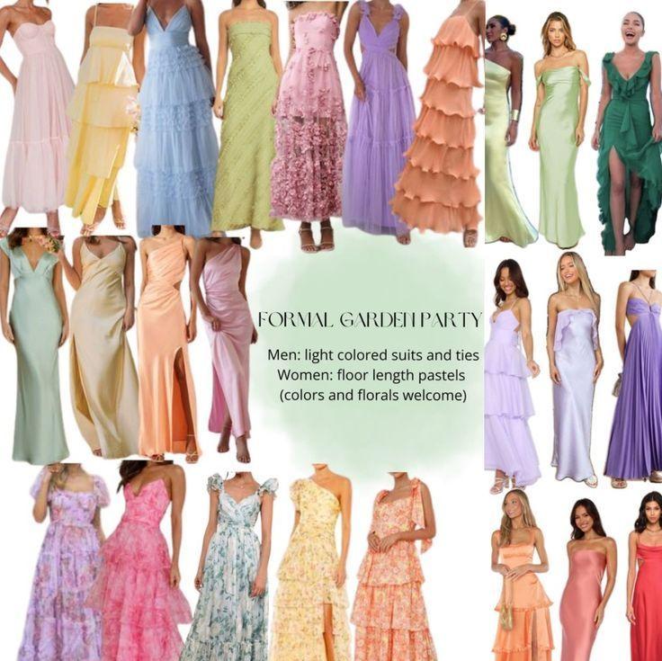 Inspo for female semi-formal garden attire wedding guest outfit, we are requesting colored midi-floor length dresses, our color palette is neutral so we want our guest to shine with colorful outfits!