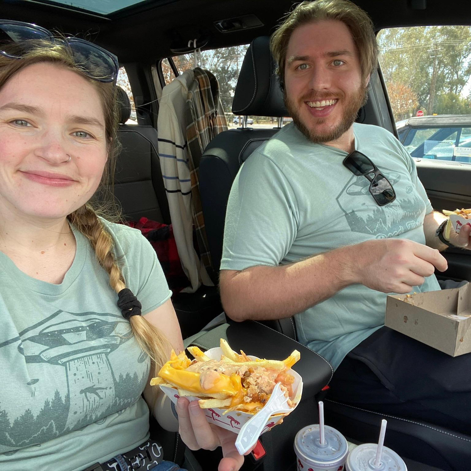The matching Road Trip shirts come out again. One of our traditions is to stop for In N Out Animal Fries along the way.