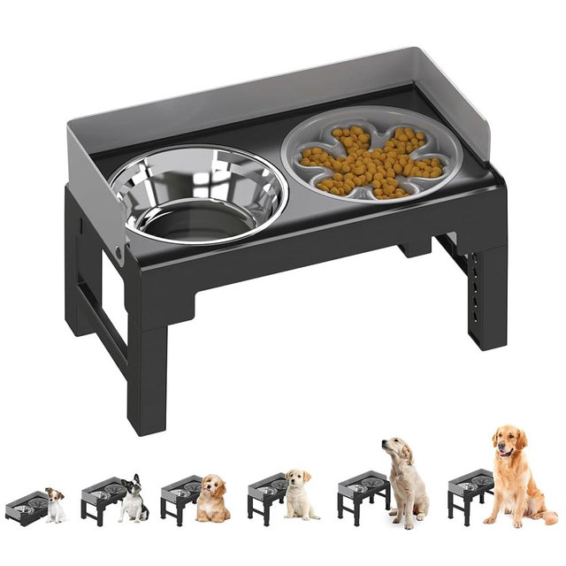 PAKEWAY Elevated Dog Bowls, Spill Proof, Tiltable Dog Feeder with 1 Stainless Steel Bowl &1 Slow Feeder Bowl, 6 Height Adjustable Raised Dog Bowls Stand for Medium Large Dogs
