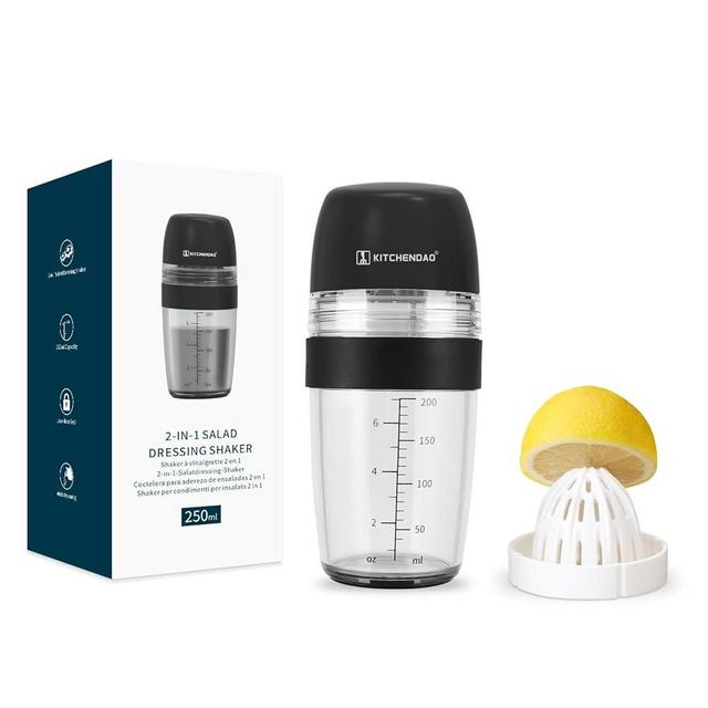 KITCHENDAO 2 in 1 Salad Dressing Shaker Container with Juicer, Pour Spout, LeakprooF, Soft Grip, Dishwasher Safe, Homemade Oil and Vinegar Salad Dressing Bottle Mixer Dispenser, BPA Free 1 Cup, Black