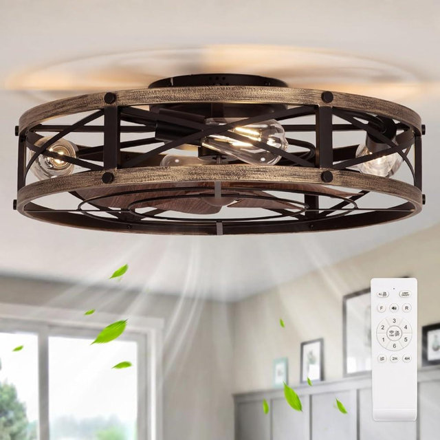 SHLUCE 22" Farmhouse Ceiling Fan with Light, Rustic Caged Bladeless Low Profile Ceiling Fans with Lights and Remote, Modern Flush Mount Ceiling Fans with Lights for Bedroom, Living Room - ETL