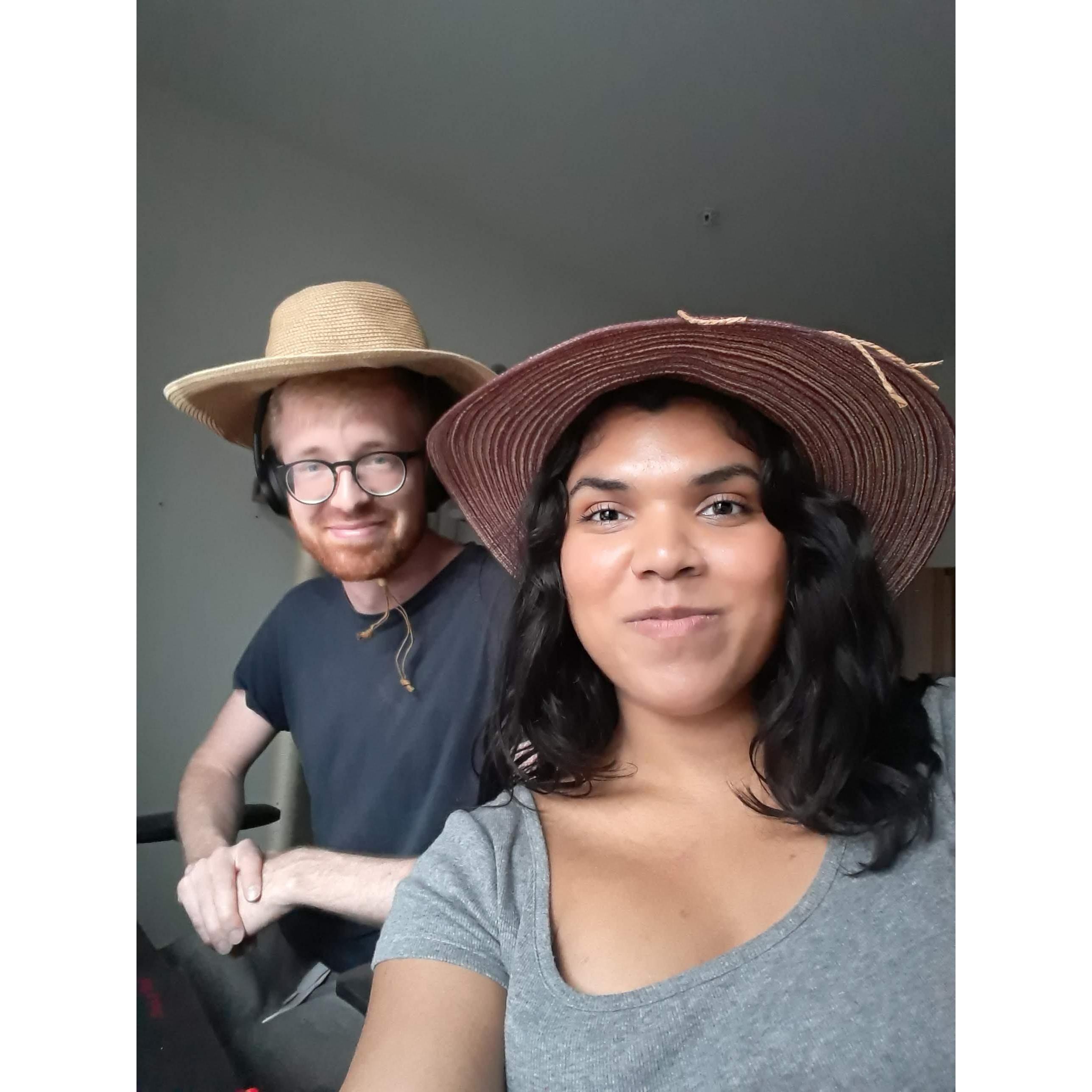 March 2020. Jess and Johan start working from home.... trying to be positive with Jess's sun hats.