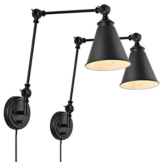 WINGBO Industrial Swing Arm Wall Lamp Set of 2, Farmhouse Style Black Wall Sconce Lighting, Adjustable Plug in/Hardwired Two-Way, for Living Room Bedroom Vanity Study Desk Office