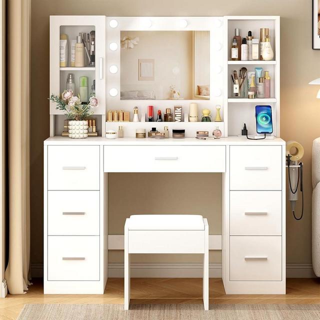 Vanity Desk with LED Lights Mirror and Power Outlet Makeup Vanity Table Set with 6 Storage Shelves and 7 Drawers, Dressing Table for Bedroom, White