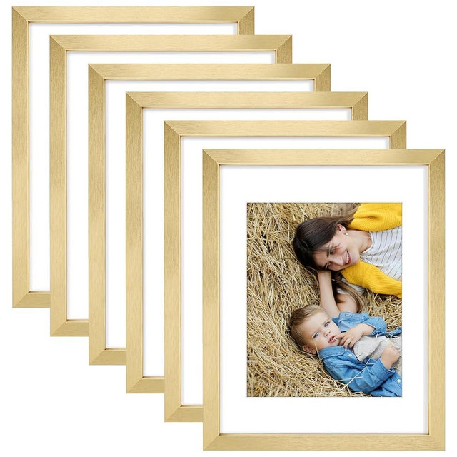 Golden State Art, 11x14 Picture Frame Set of 6 - Matted to 8x10 Photo - Engineered Wood Gallery Frame Set with Plastic Cover - Wall Mounting (Gold, 6 Pack)
