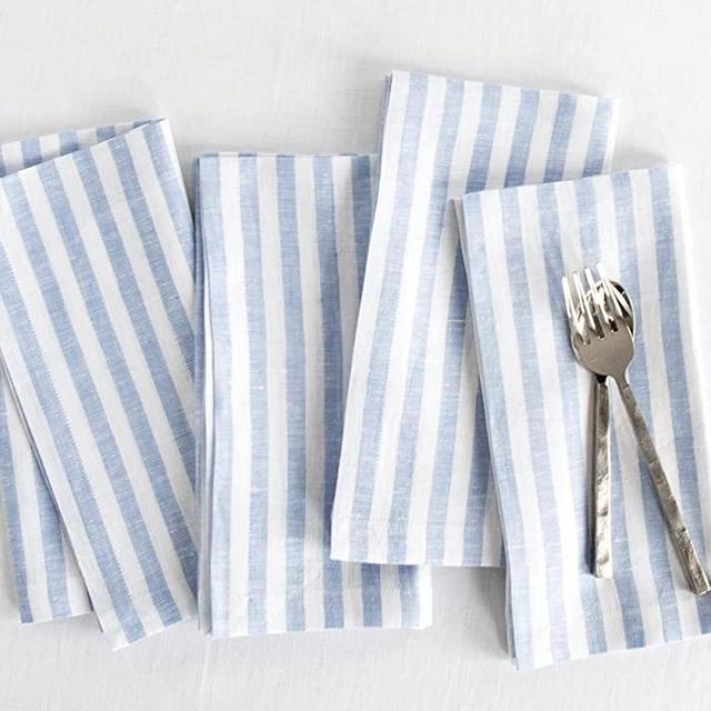 Solino Home Linen Cloth Napkins Set of 4 – 100% Pure Linen Amalfi Stripe Dinner Napkins 20 x 20 Inch – Sky Blue and White Napkins for Thanksgiving, Christmas, Holiday – Handcrafted from European Flax