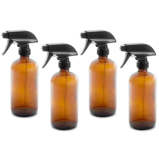 4 pack of 16oz Empty Amber Dark Brown Glass Spray Bottles w/Labels, Caps, and Funnel - Mist & Stream Trigger Sprayer - BPA Free - Boston Round Heavy Duty Bottle - For Essential Oils, Cleaning, Kitchen, Hair